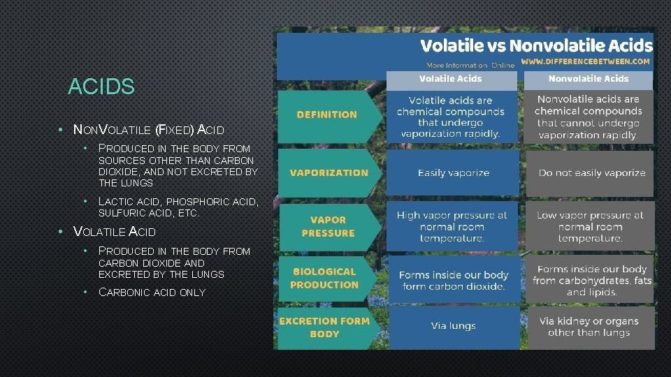 ACIDS • NONVOLATILE (FIXED) ACID • PRODUCED IN THE BODY FROM SOURCES OTHER THAN
