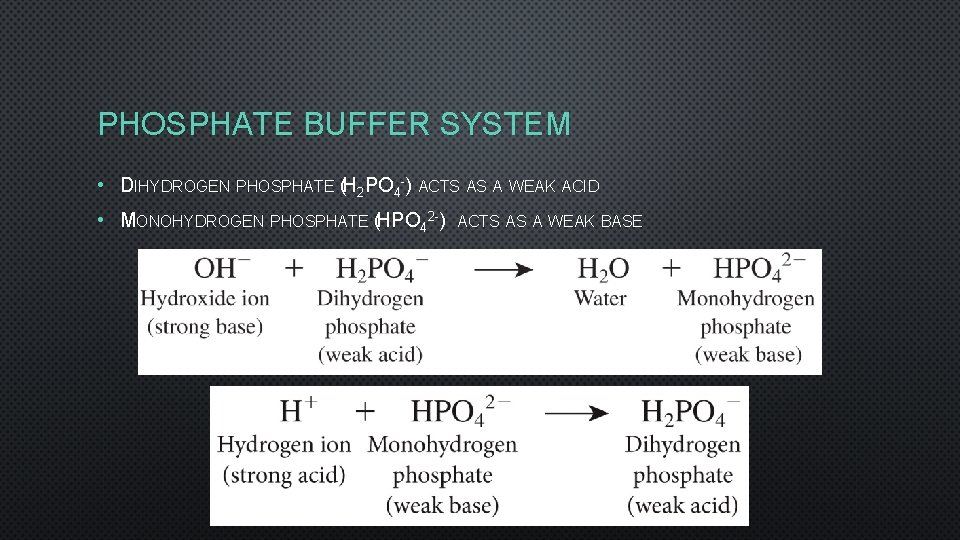 PHOSPHATE BUFFER SYSTEM • DIHYDROGEN PHOSPHATE (H 2 PO 4 -) ACTS AS A