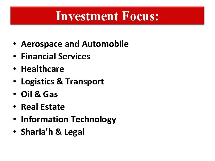 Investment Focus: • • Aerospace and Automobile Financial Services Healthcare Logistics & Transport Oil