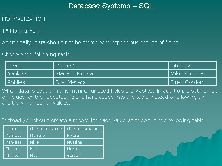 Database Systems – SQL NORMALIZATION 1 st Normal Form Additionally, data should not be