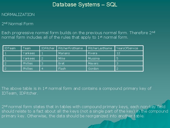 Database Systems – SQL NORMALIZATION 2 nd Normal Form Each progressive normal form builds