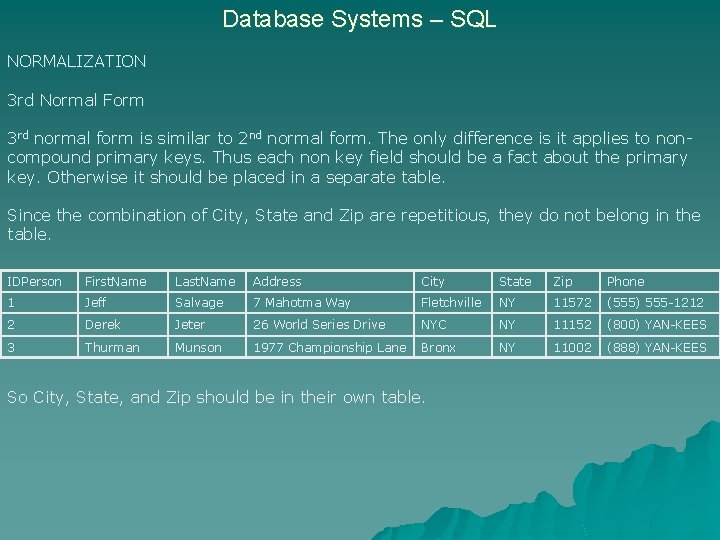 Database Systems – SQL NORMALIZATION 3 rd Normal Form 3 rd normal form is