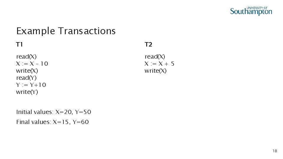 Example Transactions T 1 T 2 read(X) X : = X – 10 write(X)