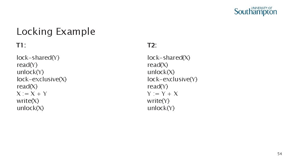 Locking Example T 1: T 2: lock-shared(Y) read(Y) unlock(Y) lock-exclusive(X) read(X) X : =