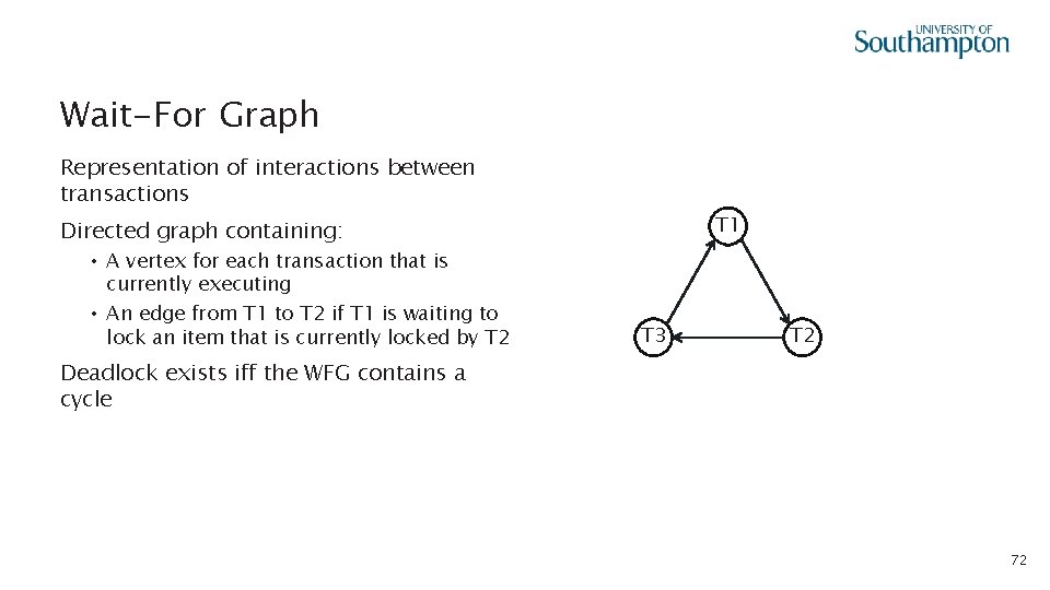 Wait-For Graph Representation of interactions between transactions T 1 Directed graph containing: • A