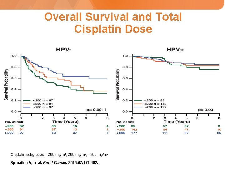 Overall Survival and Total Cisplatin Dose Cisplatin subgroups: <200 mg/m 2; >200 mg/m 2