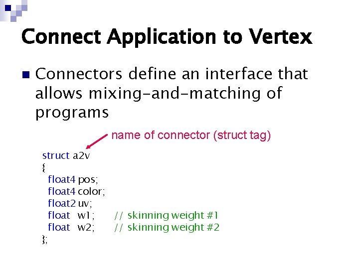 Connect Application to Vertex n Connectors define an interface that allows mixing-and-matching of programs Connect Application to Vertex n Connectors define an interface that allows mixing-and-matching of programs