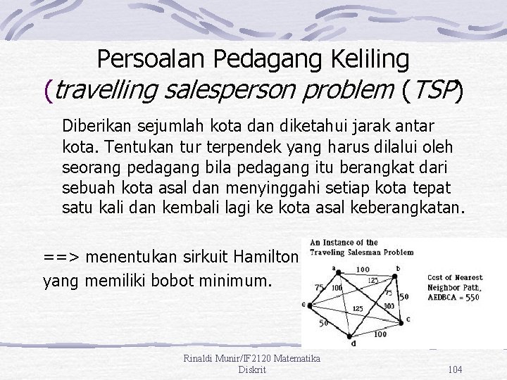 Persoalan Pedagang Keliling (travelling salesperson problem (TSP) Diberikan sejumlah kota dan diketahui jarak antar