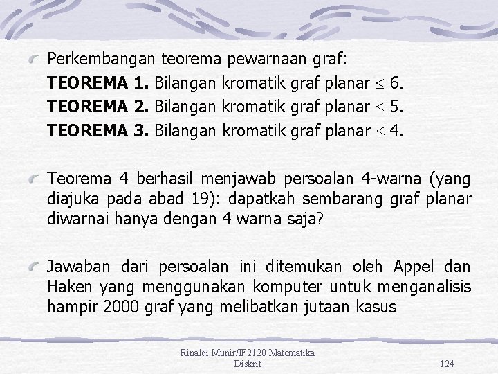 Perkembangan teorema pewarnaan graf: TEOREMA 1. Bilangan kromatik graf planar 6. TEOREMA 2. Bilangan