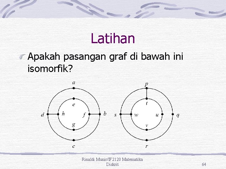 Latihan Apakah pasangan graf di bawah ini isomorfik? Rinaldi Munir/IF 2120 Matematika Diskrit 64