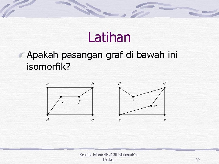 Latihan Apakah pasangan graf di bawah ini isomorfik? Rinaldi Munir/IF 2120 Matematika Diskrit 65