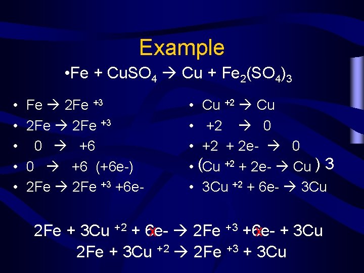 Example • Fe + Cu. SO 4 Cu + Fe 2(SO 4)3 • • Example • Fe + Cu. SO 4 Cu + Fe 2(SO 4)3 • •