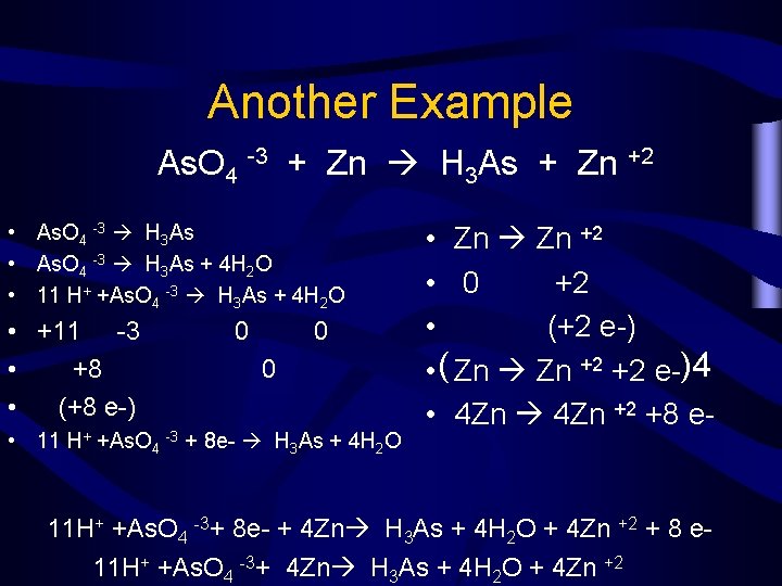 Another Example As. O 4 -3 + Zn H 3 As + Zn +2 Another Example As. O 4 -3 + Zn H 3 As + Zn +2