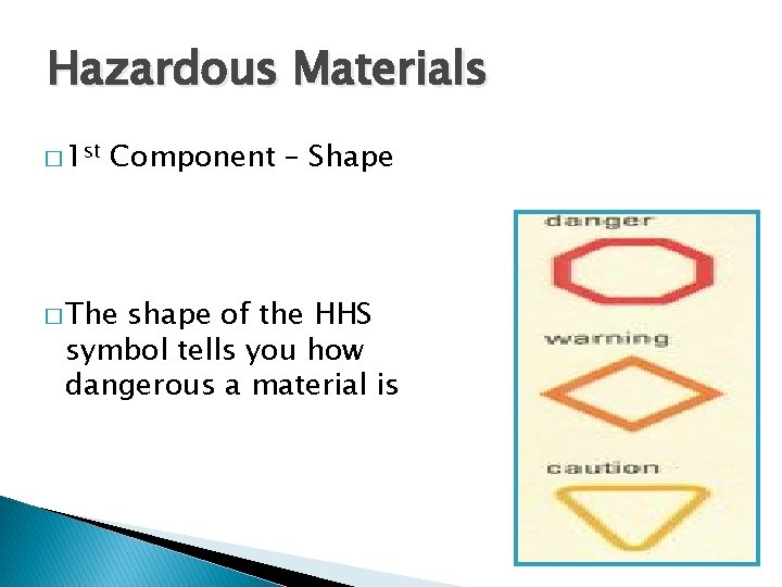 Hazardous Materials � 1 st Component – Shape � The shape of the HHS