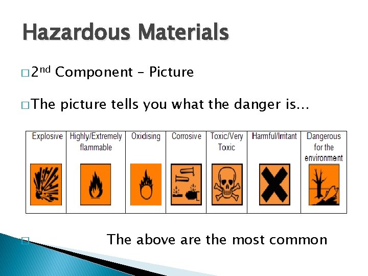 Hazardous Materials � 2 nd Component – Picture � The � picture tells you