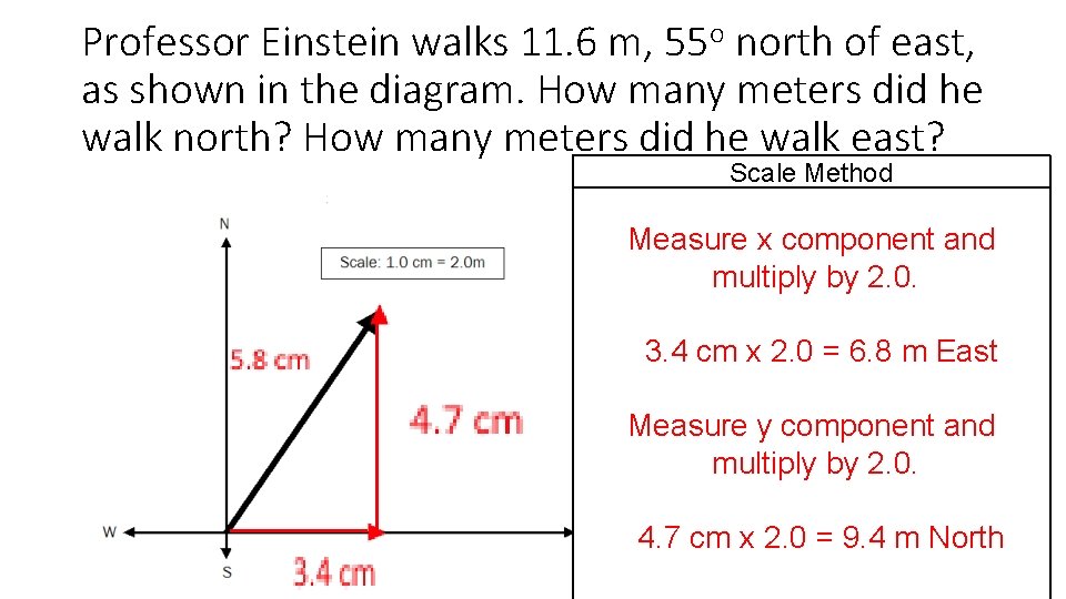 Professor Einstein walks 11. 6 m, 55 o north of east, as shown in