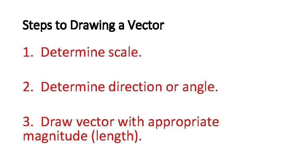 Steps to Drawing a Vector 1. Determine scale. 2. Determine direction or angle. 3.