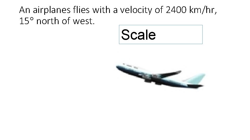 An airplanes flies with a velocity of 2400 km/hr, 15 north of west. Scale
