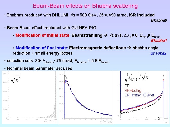 Beam-Beam effects on Bhabha scattering • Bhabhas produced with BHLUMI, √s = 500 Ge.