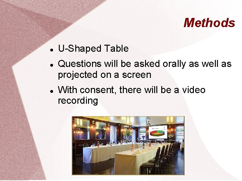 Methods U-Shaped Table Questions will be asked orally as well as projected on a