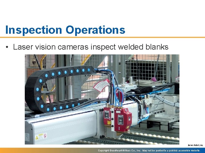 Inspection Operations • Laser vision cameras inspect welded blanks Servo-Robot, Inc. Copyright Goodheart-Willcox Co.