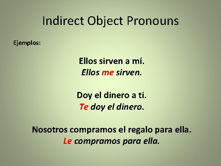 Indirect Object Pronouns Ejemplos: Ellos sirven a mí. Ellos me sirven. Doy el dinero