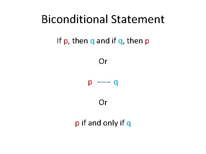 Biconditional Statement If p, then q and if q, then p Or p q