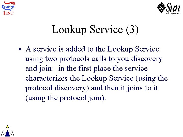 Lookup Service (3) • A service is added to the Lookup Service using two