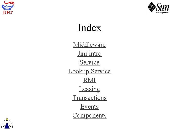 Index Middleware Jini intro Service Lookup Service RMI Leasing Transactions Events Components 