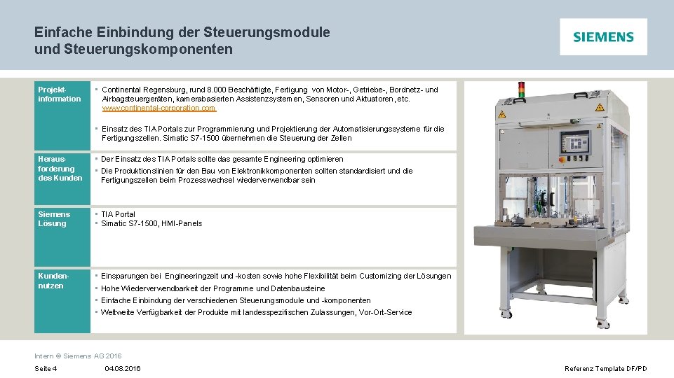 Einfache Einbindung der Steuerungsmodule und Steuerungskomponenten Projektinformation • Continental Regensburg, rund 8. 000 Beschäftigte,