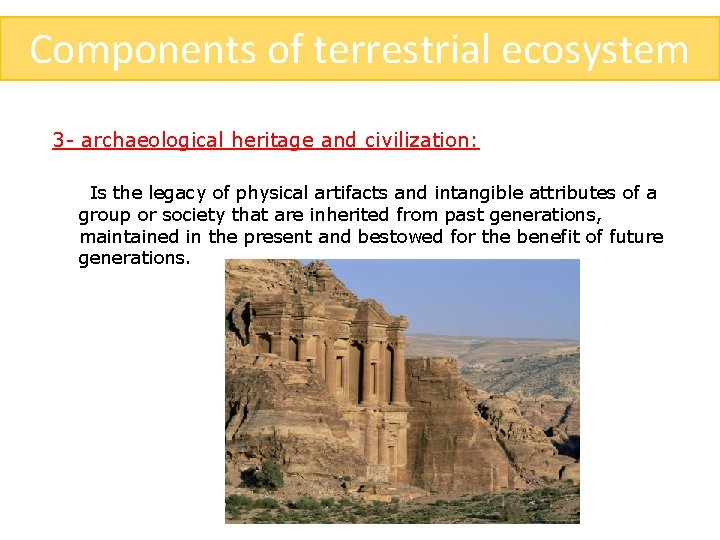 Components of terrestrial ecosystem 3 - archaeological heritage and civilization: Is the legacy of