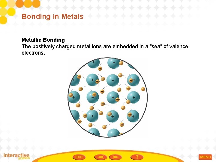 Bonding in Metals Metallic Bonding The positively charged metal ions are embedded in a