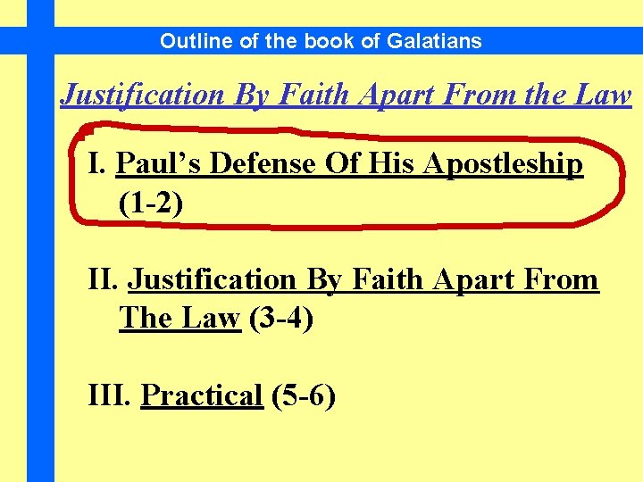 Outline of the book of Galatians Justification By Faith Apart From the Law I.