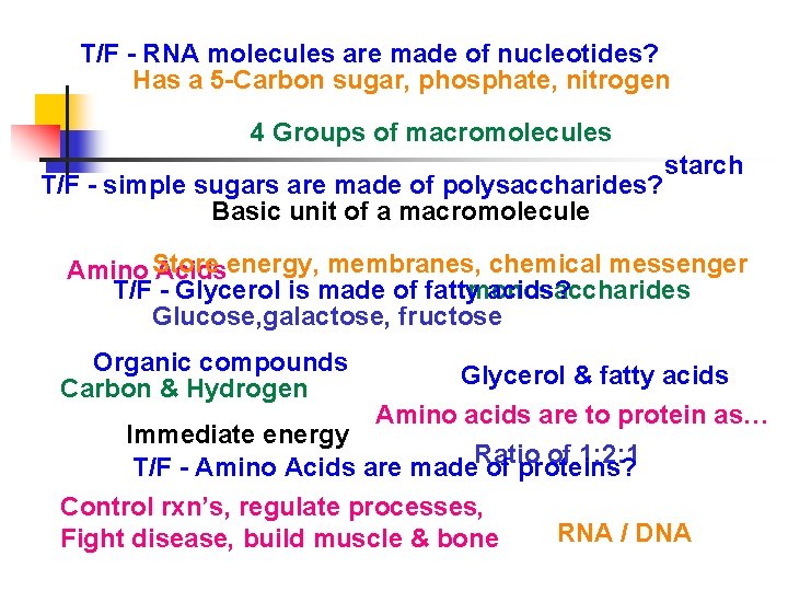 T/F - RNA molecules are made of nucleotides? Has a 5 -Carbon sugar, phosphate,