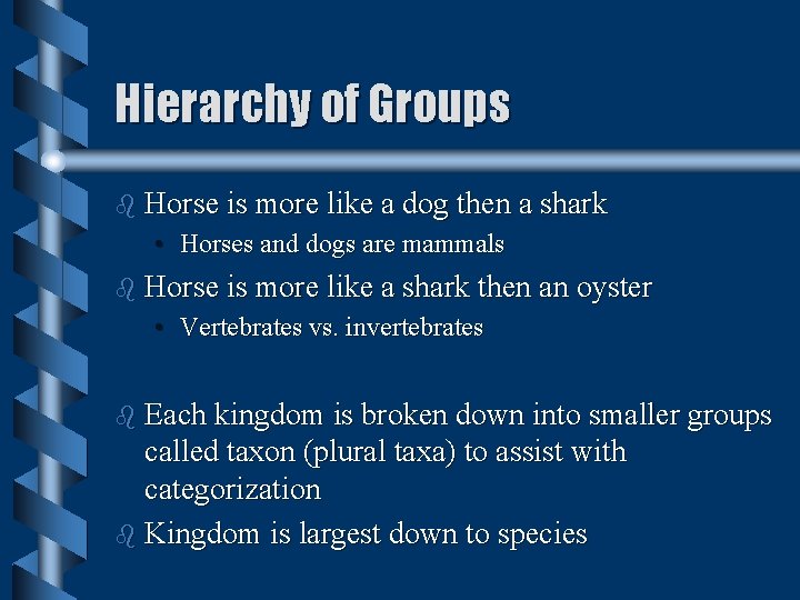 Hierarchy of Groups b Horse is more like a dog then a shark •