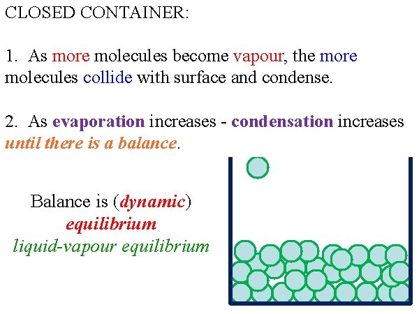 CLOSED CONTAINER: 1. As more molecules become vapour, the more molecules collide with surface