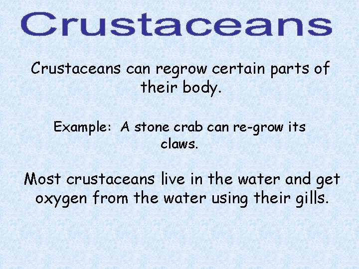 Crustaceans can regrow certain parts of their body. Example: A stone crab can re-grow