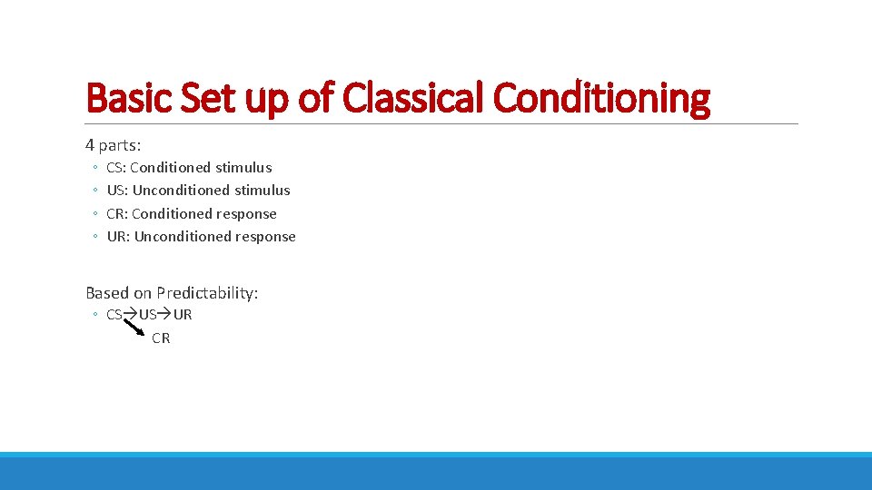 Basic Set up of Classical Conditioning 4 parts: ◦ ◦ CS: Conditioned stimulus US: