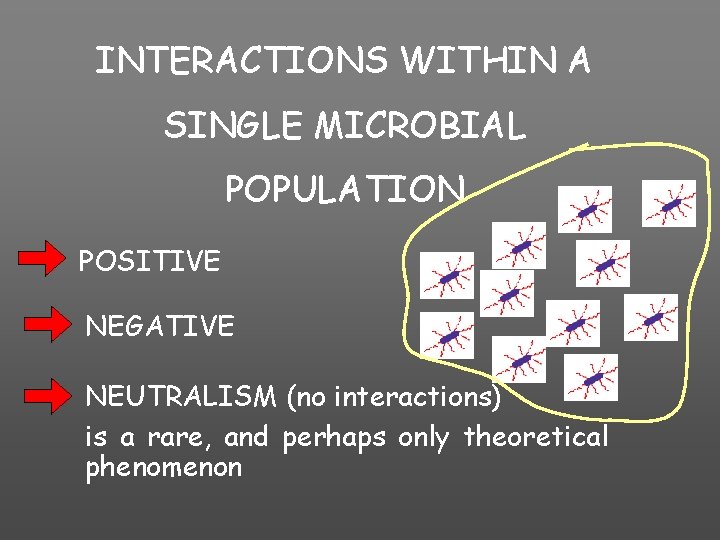 INTERACTIONS WITHIN A SINGLE MICROBIAL POPULATION POSITIVE NEGATIVE NEUTRALISM (no interactions) is a rare,