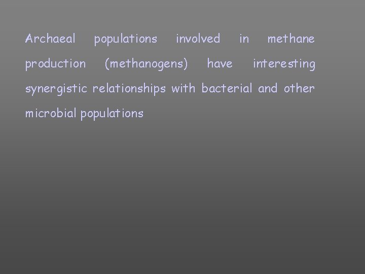 Archaeal production populations involved (methanogens) have in methane interesting synergistic relationships with bacterial and