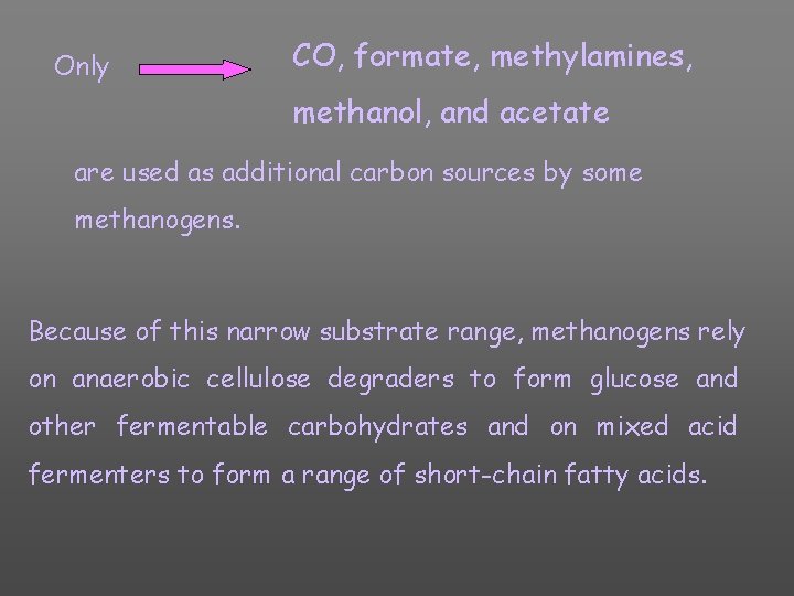 Only CO, formate, methylamines, methanol, and acetate are used as additional carbon sources by