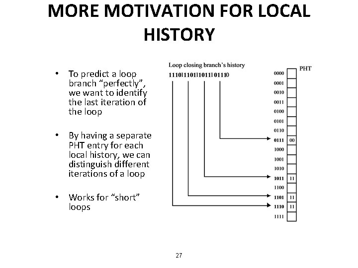 MORE MOTIVATION FOR LOCAL HISTORY • To predict a loop branch “perfectly”, we want