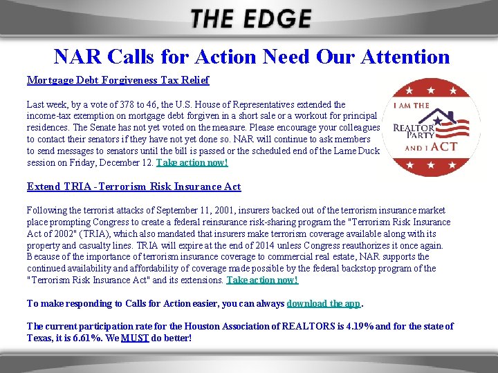 NAR Calls for Action Need Our Attention Mortgage Debt Forgiveness Tax Relief Last week,