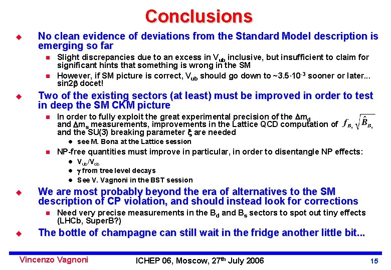 Conclusions u No clean evidence of deviations from the Standard Model description is emerging