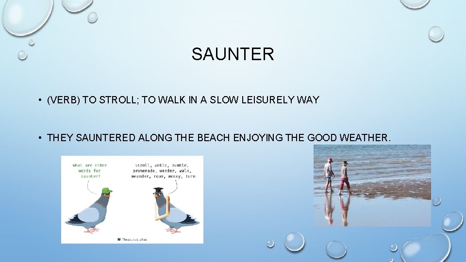 SAUNTER • (VERB) TO STROLL; TO WALK IN A SLOW LEISURELY WAY • THEY