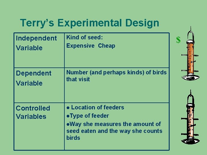 Terry’s Experimental Design Independent Variable Kind of seed: Expensive Cheap Dependent Variable Number (and