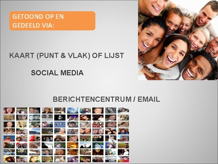 GETOOND OP EN GEDEELD VIA: KAART (PUNT & VLAK) OF LIJST SOCIAL MEDIA BERICHTENCENTRUM