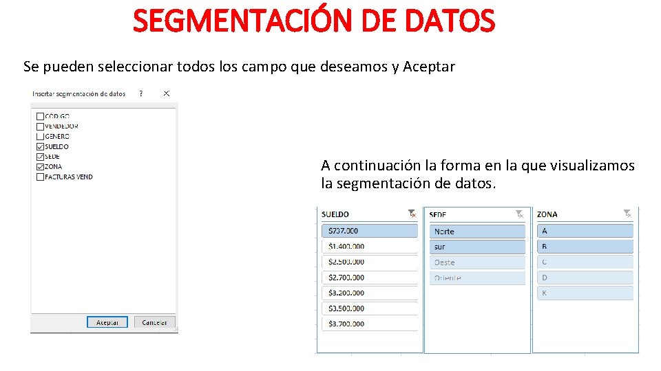 SEGMENTACIÓN DE DATOS Se pueden seleccionar todos los campo que deseamos y Aceptar A