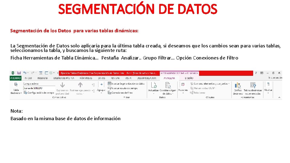 SEGMENTACIÓN DE DATOS Segmentación de los Datos para varias tablas dinámicas: La Segmentación de