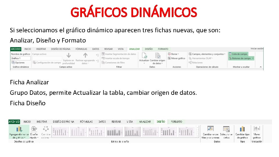 GRÁFICOS DINÁMICOS Si seleccionamos el gráfico dinámico aparecen tres fichas nuevas, que son: Analizar,